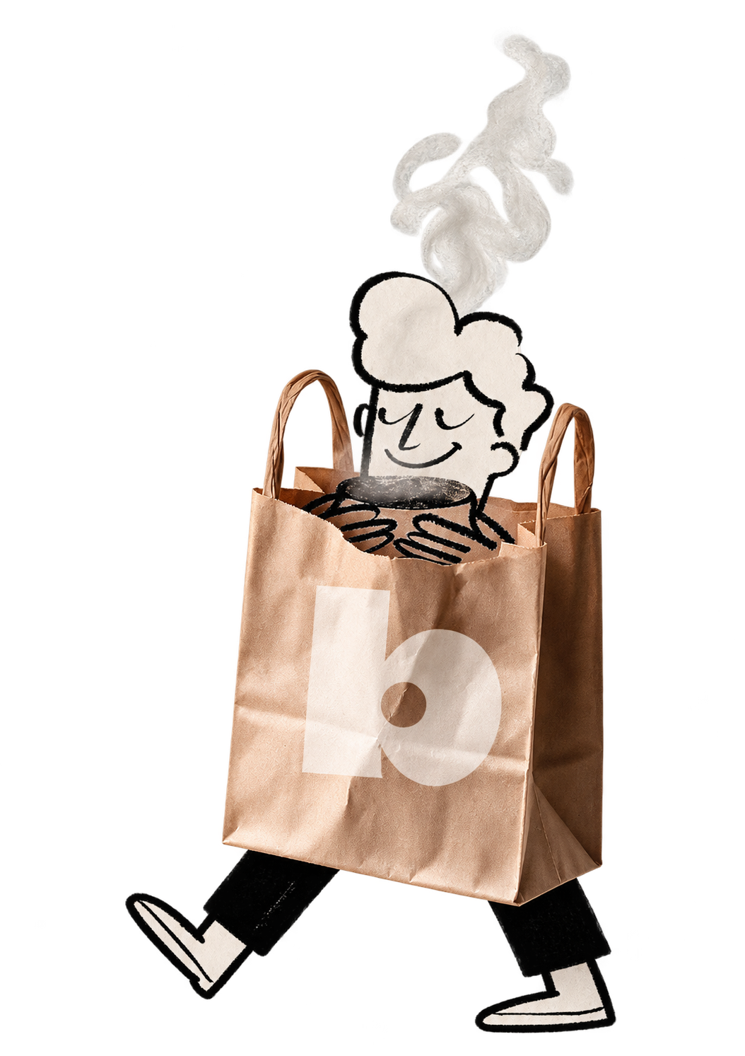 Personnage du Bouchon marchant avec un sac de commande à emporter